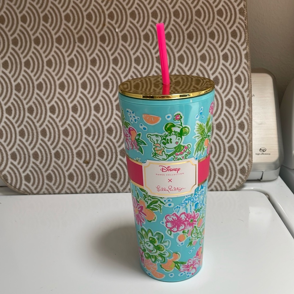 Lilly Pulitzer Disney Parks Collection X Minnie Mouse Tumbler, lid and straw.